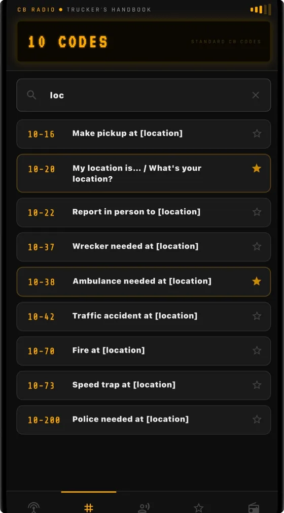 CB Radio 10-Codes tab: a search for "loc" returning 10-16 make pickup at location, 10-20 my location is, 10-37 wrecker needed, 10-38 ambulance needed and more, each with a star to save it.
