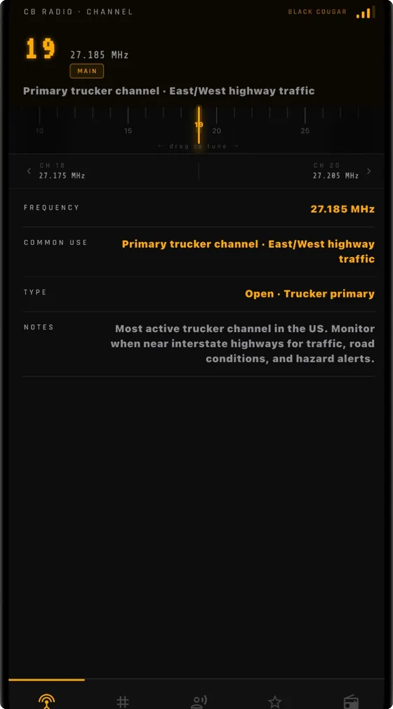 CB Radio Channels tab: channel 19 at 27.185 MHz shown on a tuning dial, labelled the primary trucker channel for East/West highway traffic, with frequency, common use, type and notes listed below.