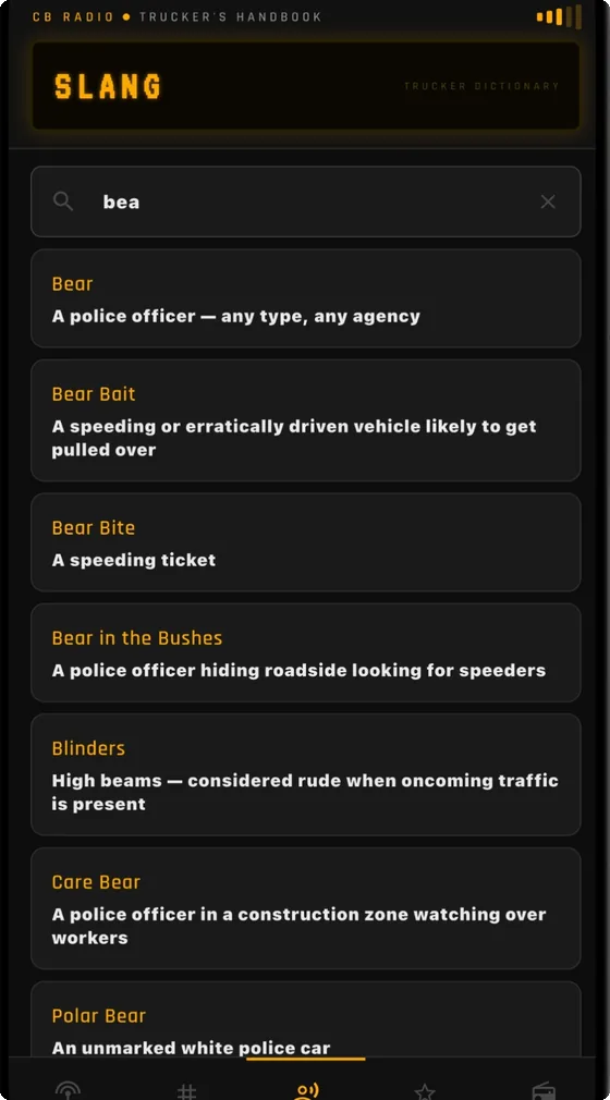 CB Radio Slang tab: a search for "bea" returning Bear, Bear Bait, Bear Bite, Bear in the Bushes and Polar Bear, each with a plain-English definition.