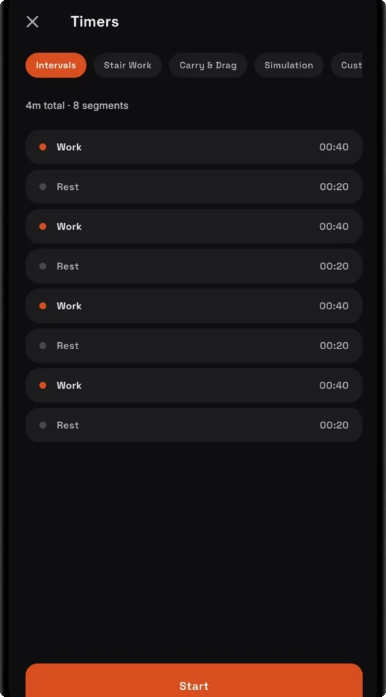 CPAT Prep timers screen: interval, stair work, carry and drag and simulation tabs, with an 8-segment session of alternating 40-second work and 20-second rest blocks ready to start.