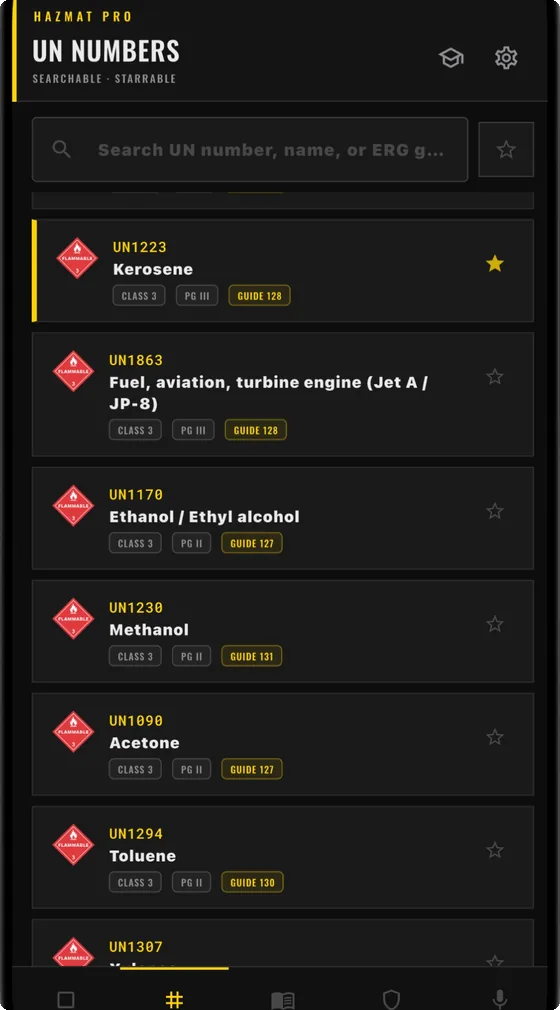 HazMat Pro UN Numbers tab: a searchable list showing UN1223 Kerosene, UN1863 Jet A / JP-8, UN1170 Ethanol and others, each tagged with hazard class, packing group and ERG guide number, with a star to save it.