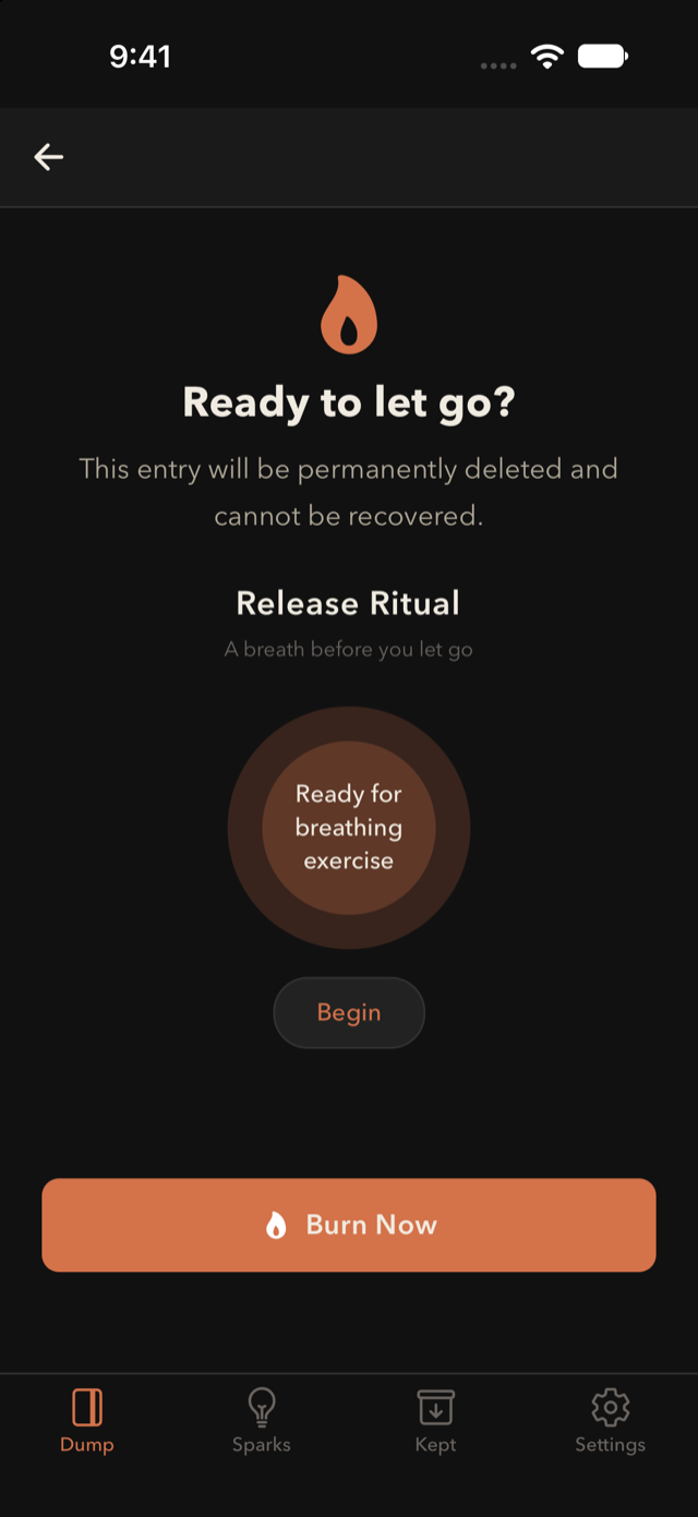 The burn screen: Ready to let go? This entry will be permanently deleted and cannot be recovered.
