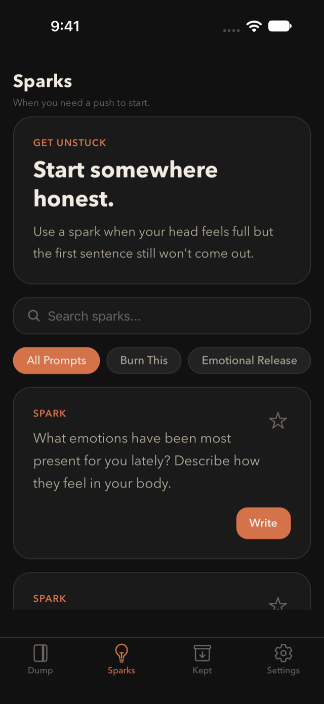 The Sparks screen, listing writing prompts by category