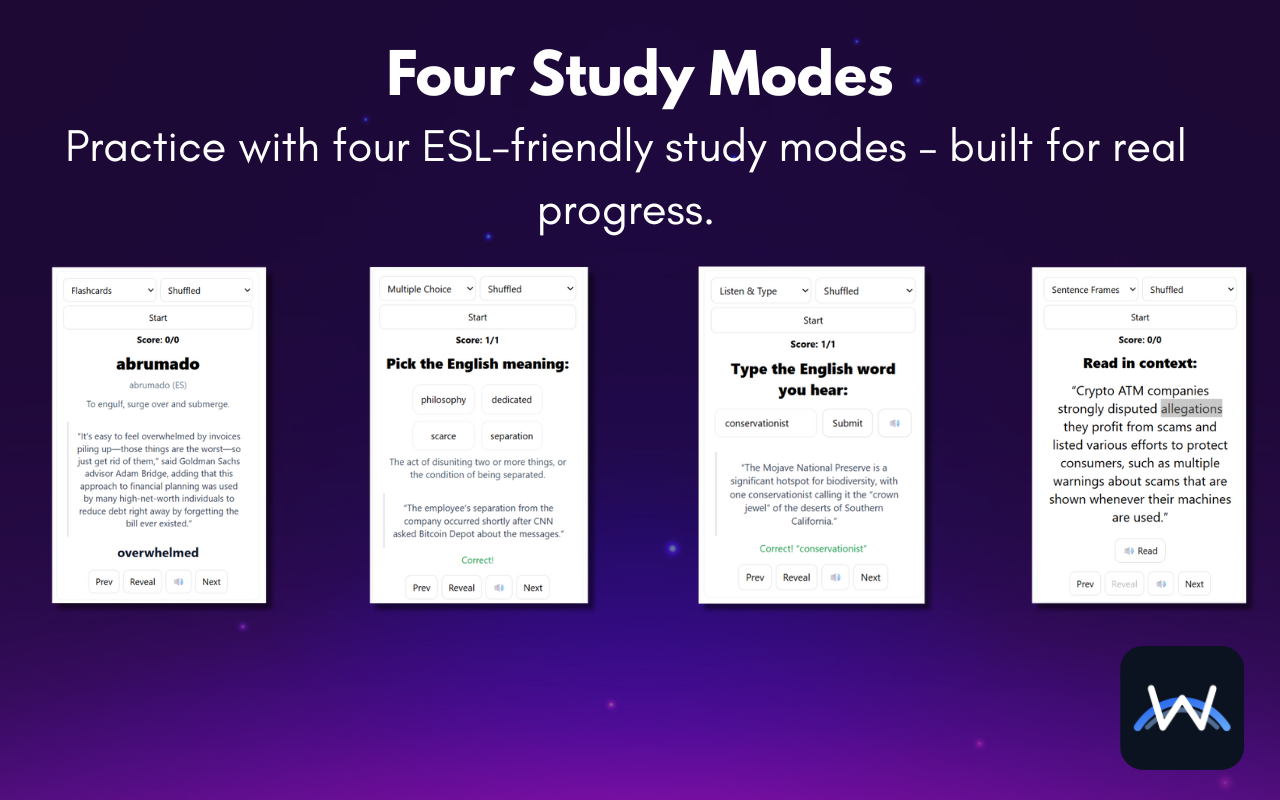 The four WordBridge study modes: flashcards, multiple choice, listen and type, and sentence frames